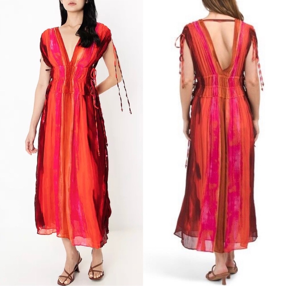 NWOT Zara Plunge V-Neck Tie Dye Beaded Midi Summer Dress  Blogger Favorite